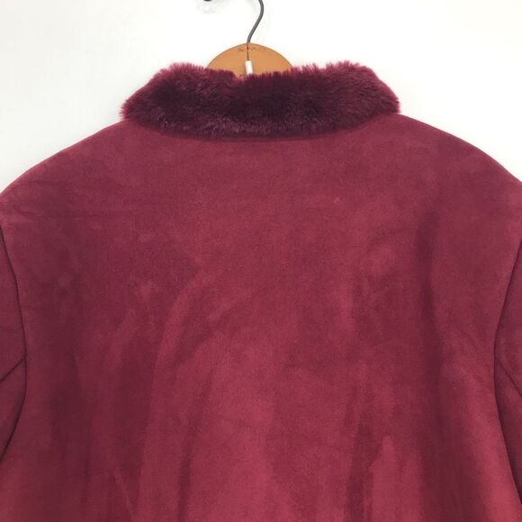 Maroon Faux Suede Burgundy Faux Fur Lined Button Up Holiday Jacket - Picture 10 of 16